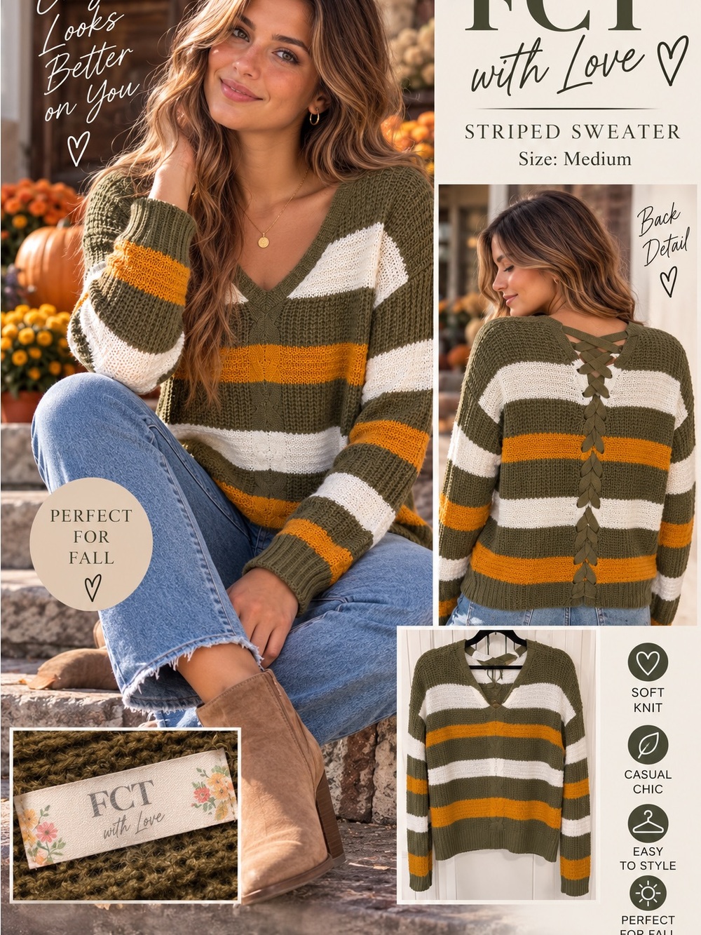 FCT with Love Striped Sweater Medium Olive Mustard Cream V-Neck Boho
